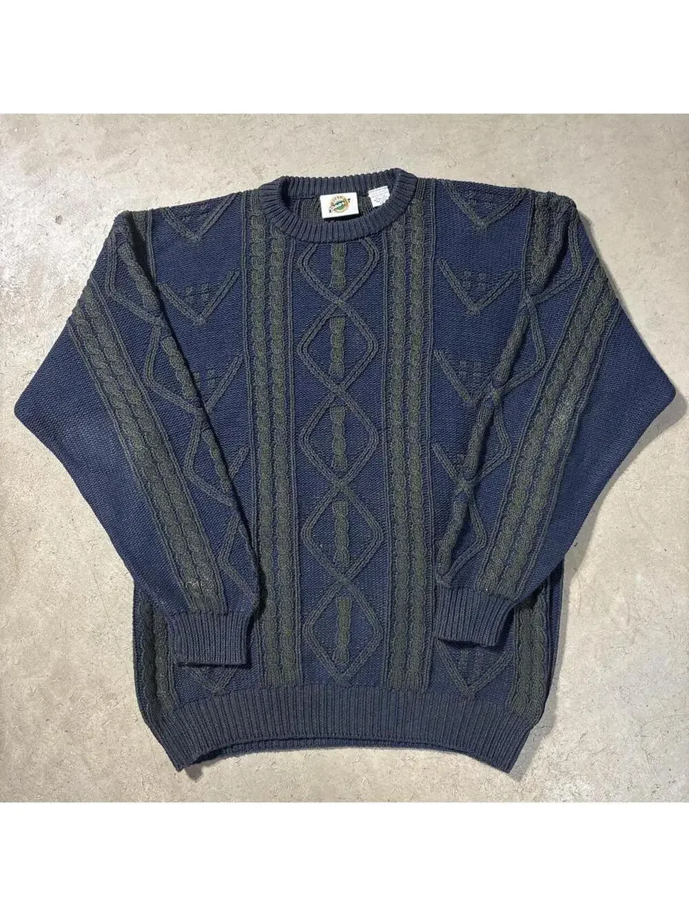 Vintage 90s Hello Wear Cable Knit Sweater Navy Green Mens LT Cotton
